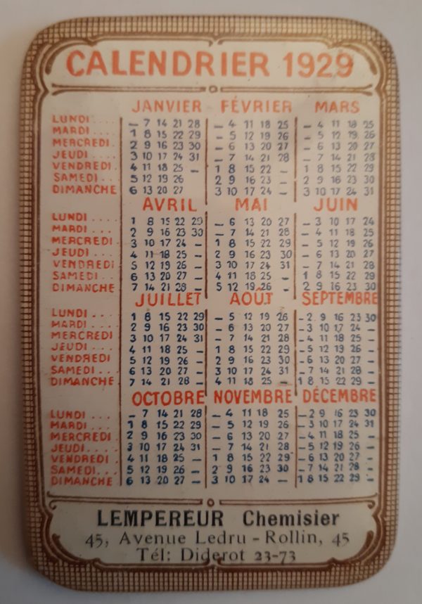 Calendrier 1929 Lempereur Chemisier