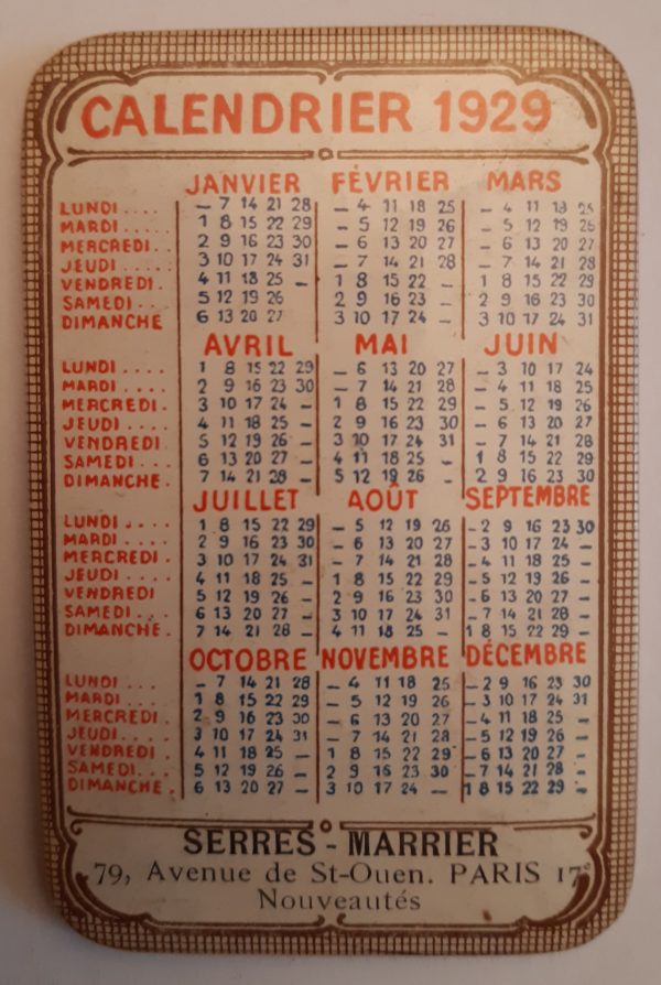 Calendrier 1929 Serres-Marrier Nouveautés