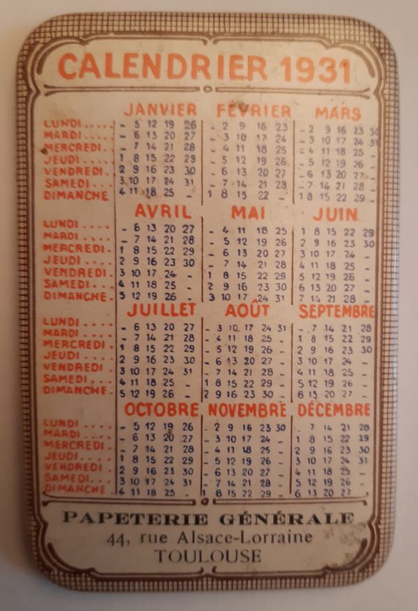 Calendrier 1931 Papeterie Générale Toulouse