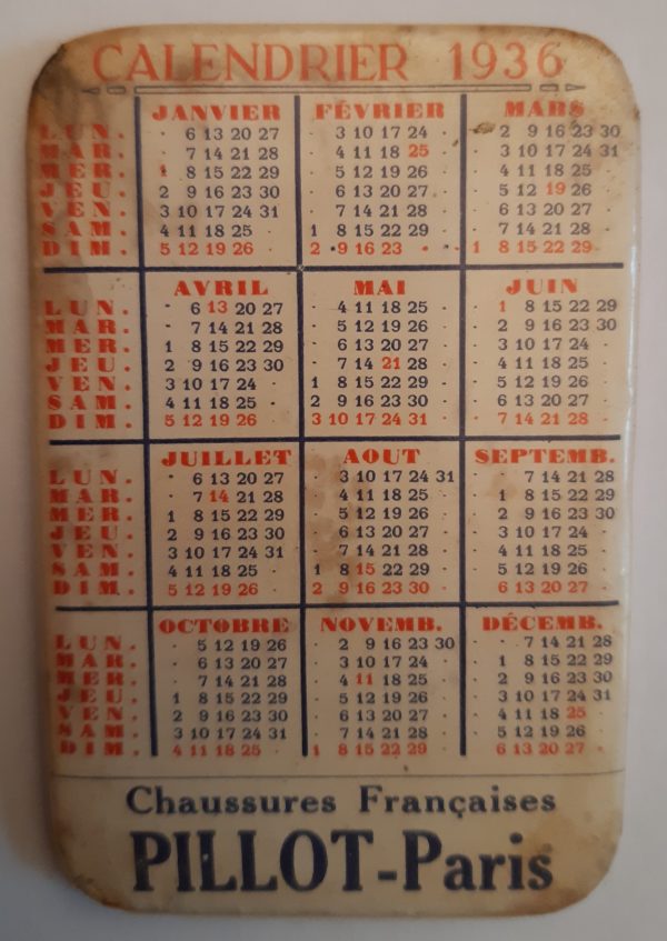 Calendrier 1936 Chaussures Françaises Pillot Paris