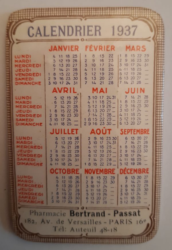 Calendrier 1937 Pharmacie Bertrand-Passat