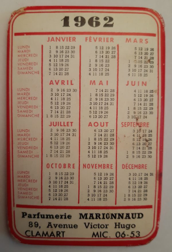 Calendrier 1962 Parfumerie Marionnaud