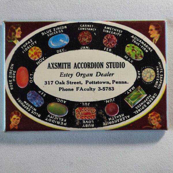 "Axsmith Accordion Studio, Estey Organ Dealer, 317 Oak Street, Pottstown, Penna. Phone FAculty 3-5783".