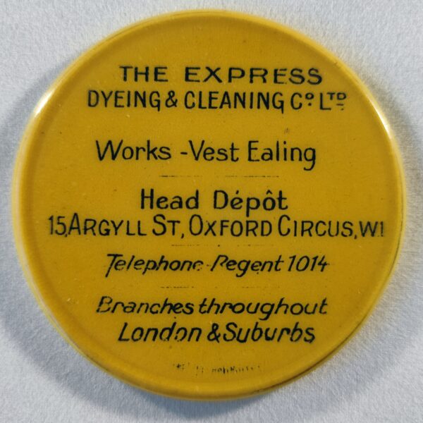 "The Express Dyeing & Cleaning, works-Vest Ealing. Head Dépôt Oxford. Branches throughout London & Suburbs.