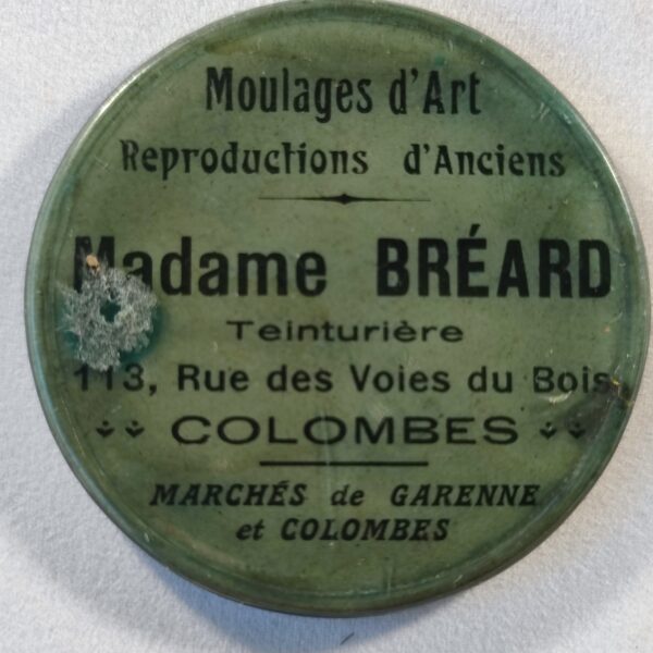 "Moulages d'Art, Reproductions d'Anciens, Madame Bréard, teinturière, Colombes".