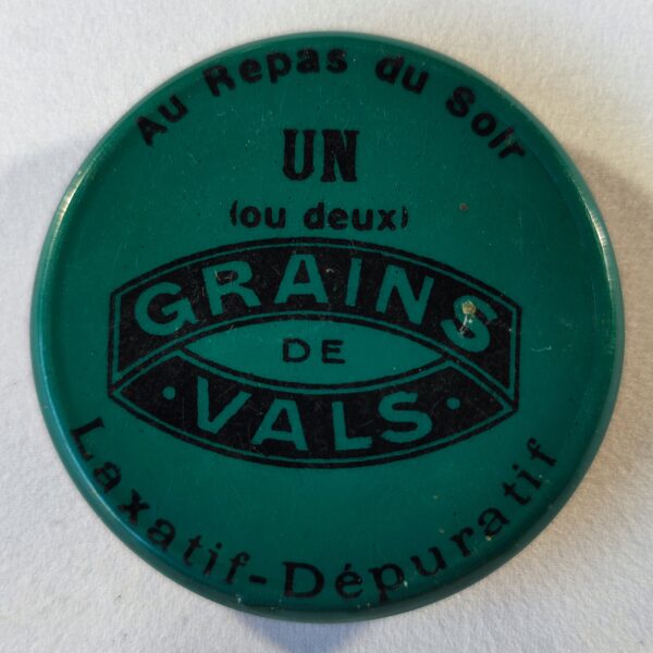 "Grains de Vals", avant le repas du soir, un (ou deux)...Laxatif. (Jeu de billes, publicité sans miroir).