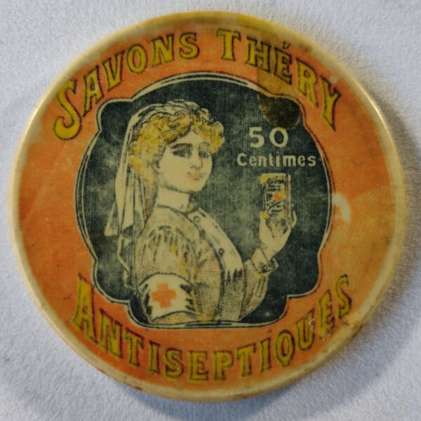 "Savons Théry, antiseptiques, 50 centimes".(Fond orange, dessin).