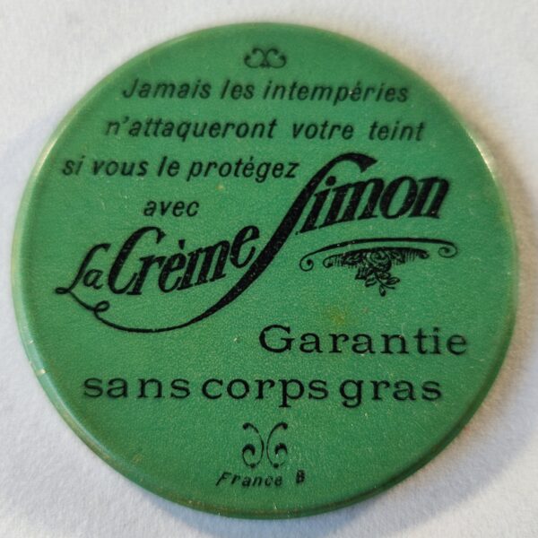 "La Crème Simon" garantie sans corps gras, pour protéger votre teint. Vert.