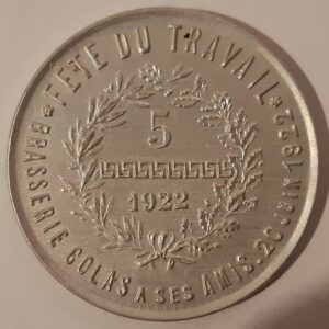 Brasserie Colas Fête du travail. Miroir rond, imitation pièce de 5 Francs 1922